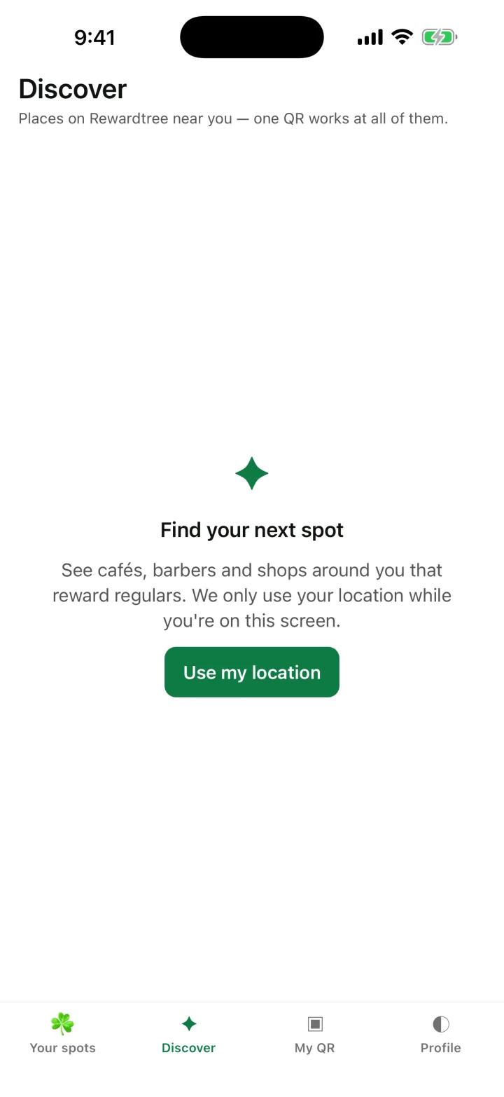 Rewardtree customer app, Discover screen with a Find your next spot message and a Use my location button.
