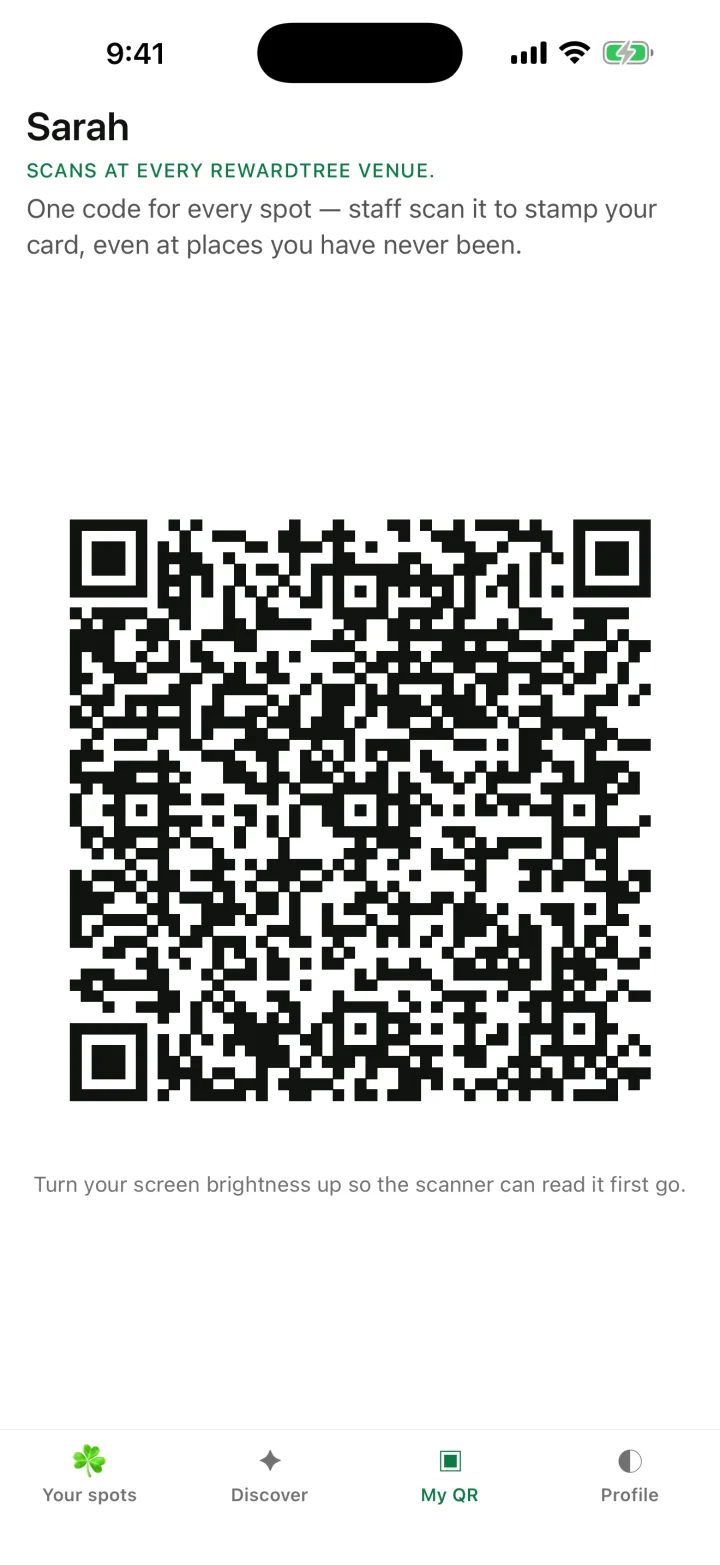 Rewardtree customer app, My QR screen showing a large QR code that staff scan at the counter to add a stamp.