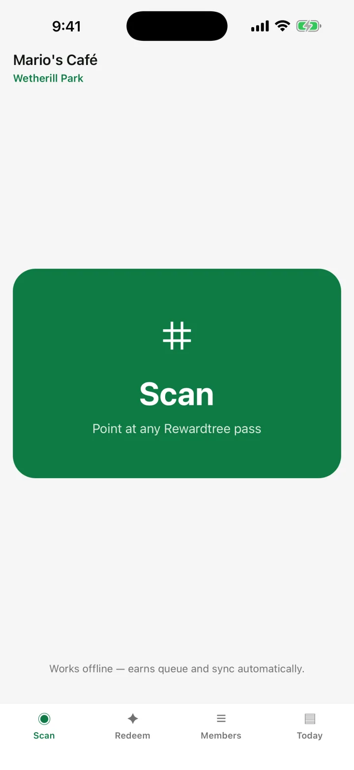 Rewardtree Merchant app, Scan screen with a large green Scan button that staff tap to read a customer's pass.