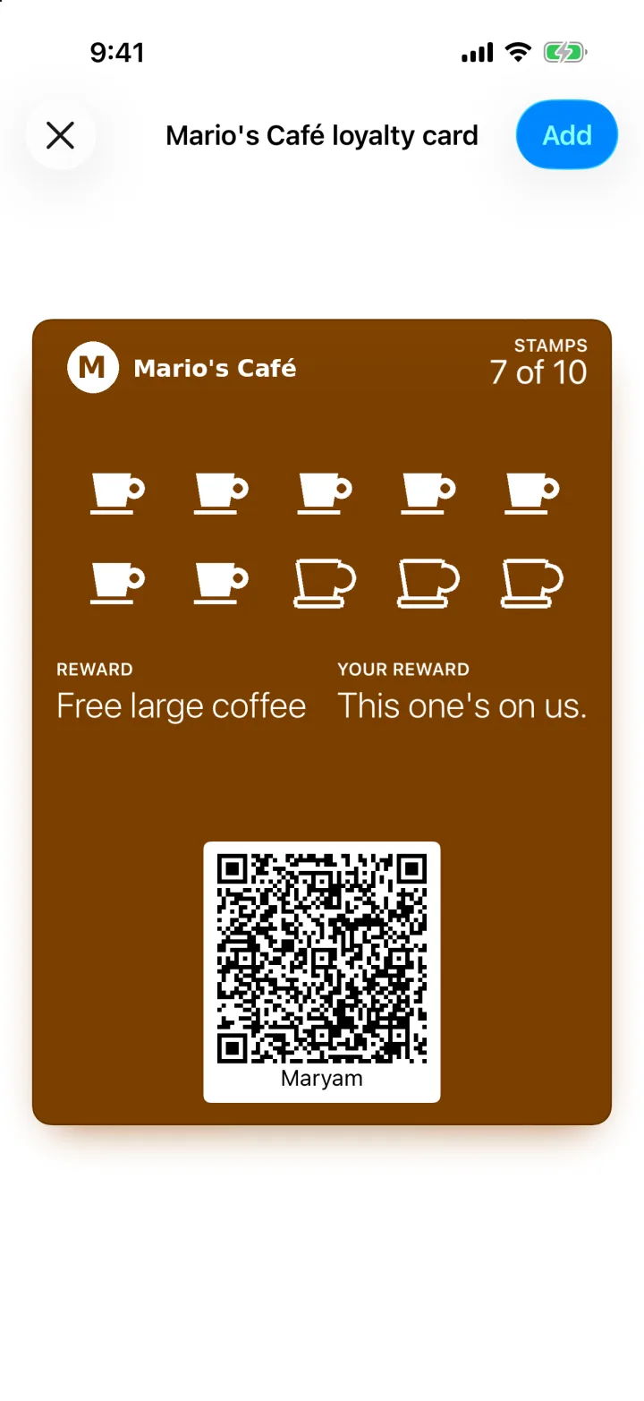 The Apple Wallet Add screen on an iPhone, showing the Mario's Café loyalty card with seven of ten coffee stamps, ready to add with one tap.